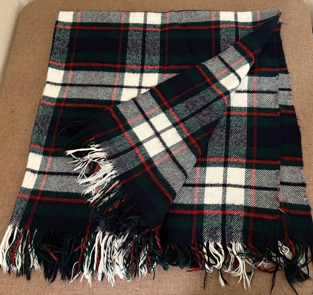 Vintage Stadium Throw Blanket Troy Mills Plaid Fringe 49x48 Cabin Car Picnic